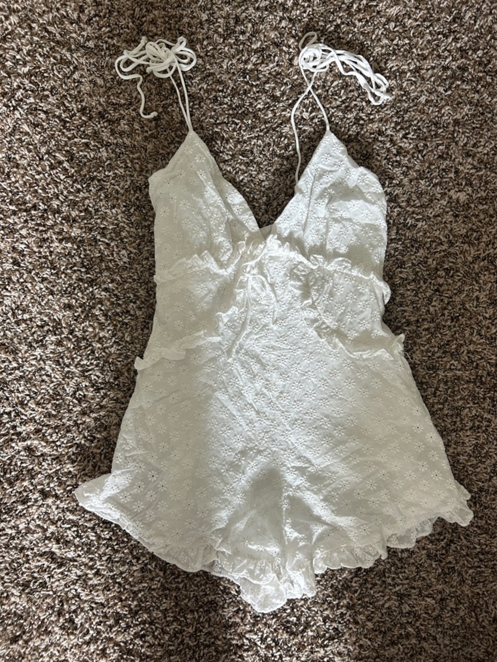 Olivaceous White Eyelet Lace Spaghetti Strap Romper